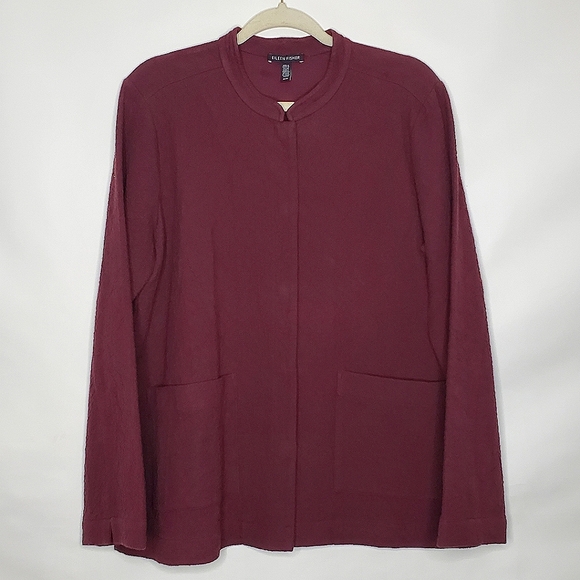 Eileen Fisher Organic Cotton Textured Jacket Size M Burgundy Italian Fabric - Picture 2 of 15